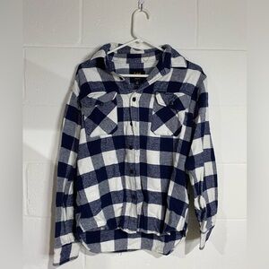 Blue and White Plaid Button-Up Shirt medium